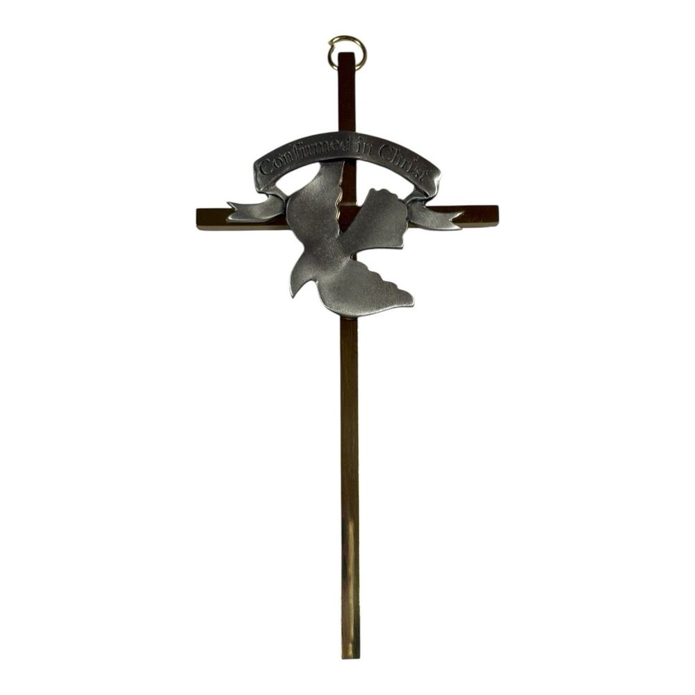 Confirmation Wall Cross with Dove “Confirmed in Christ” Brass & Pewter Religious